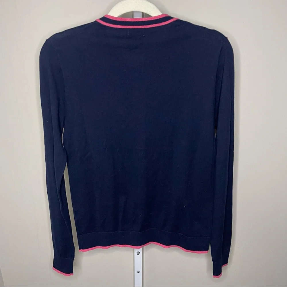 J.Crew Navy Blue Cardigan Pink Trim Gold Buttons Cotton Sweater Size Small